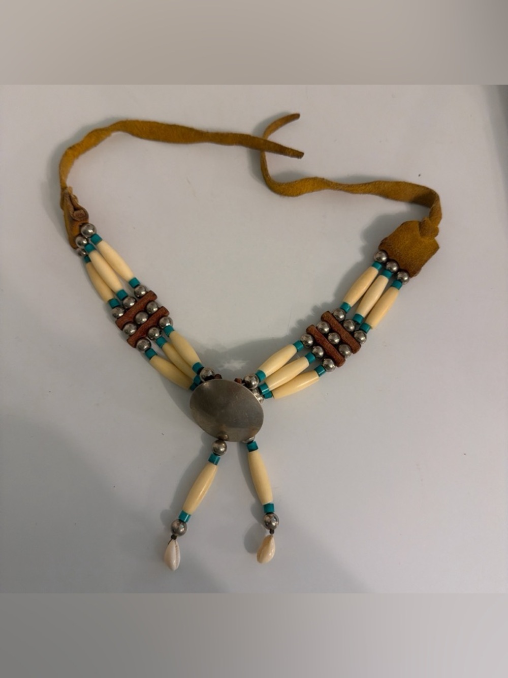 Boho Ivory & Turquoise Beaded Suede Necklace